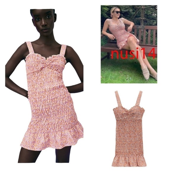 NWT ZARA Orange Floral Smocked Ruffle Bodycon Mini Dress Size Large Blogger Fave - Picture 1 of 9